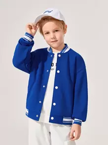SHEIN Tween Boy Drop Shoulder Striped Trim Bear Print Back Varsity Jacket - Blue - View 3
