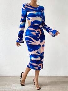 SHEIN Essnce Allover Print Cut Out Waist Bodycon Dress - Multicolor - View 1