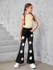 Tween Girl Floral Print Split Hem Flare Leg Jeans - Black - View 5