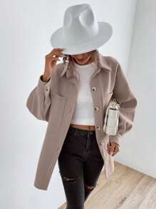 SHEIN LUNE Drop Shoulder Pocket Patched Coat,Ladies Spring/Fall Casual Button,Pocket Drop Shoulder Collar Regular Fit Coffee Brown Plain Women Coats,Casual Daily Wear - Coffee Brown - View 6