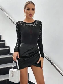 Allurite Rhinestone Detail Contrast Mesh Bodysuit - Black - View 3