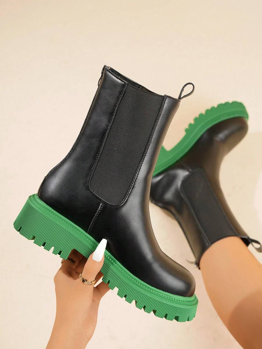 Giày bốt Chelsea đế xuồng màu tương phản thời trang nữ, giày bốt cổ ngắn đế dày có răng, chất liệu da, phong cách đường phố, phù hợp với mọi mùa - màu xanh lá - Xem 1