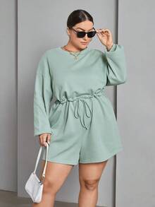 SHEIN Essnce Hơn Thả vai Eo dây rút Dệt kim Waffle Romper - màu xanh lá - Xem 5
