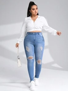 SHEIN ICON 大碼破洞毛邊緣緊身牛仔褲 - 淺色水洗藍 - 查看 5