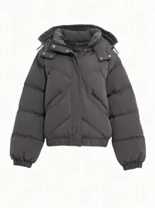 DAZY 拉链抽绳连帽厚口袋外套，女士冬季外套夹克 - 深灰色 - 查看 9