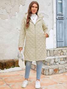 Zip Up Hooded Quilted Coat - Beige - View 4