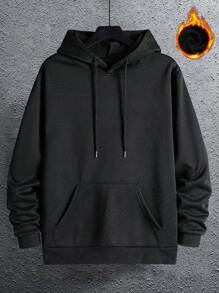 Men Floral & Slogan Graphic Kangaroo Pocket Drawstring Thermal Lined Hoodie - Black - View 2