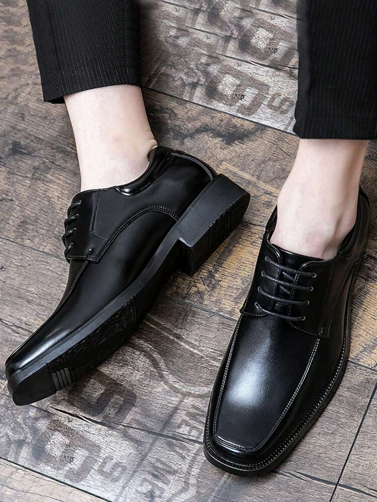 Men's Square Toe Lace-up Pu Leather Black Dress Shoes For Formal Occasions  | SHEIN