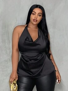 Slaydiva Plus Size Elegant And Sexy Plain Satin Tie Neck Top - Black - View 1