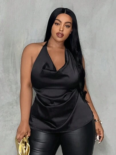 Slaydiva Plus Size Elegant And Sexy Plain Satin Tie Neck Top