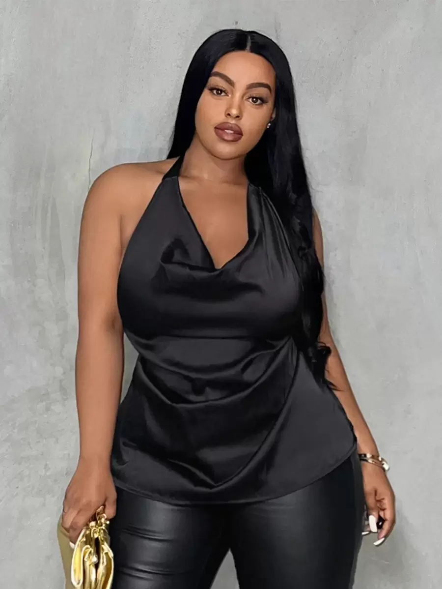 Slaydiva Plus Size Elegant And Sexy Plain Satin Tie Neck Top - Black - View 1