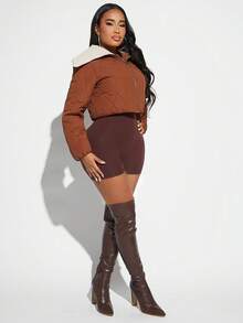 SHEIN SXY 博格领落肩拉链衬垫大衣 - 棕色 - 查看 3