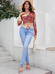SHEIN VCAY In hoa văn khăn tay áo lá sen Top Cây trồng - Nhiều màu - Xem 4