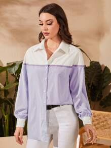 Mulvari 條紋圖案燈籠袖襯衫 - 紫色 - 查看 1
