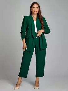Chikora Plus Shawl Collar Open Front Blazer & Pants - Green - View 1