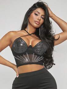 SHEIN SXY 女士透明網紗閃爍吊帶上衣,配有亮片細節 - 黑色 - 查看 5