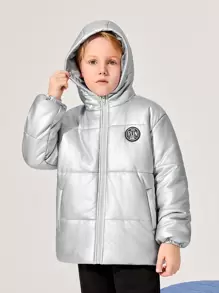 SHEIN Tween Boys' Casual Patch Hooded Warm Winter Parka Jacket, Thick Woven Solid-Color Outerwear - Silver - View 6