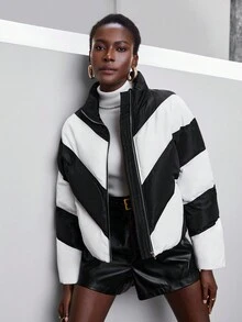 Maija 拼色拉链衬垫大衣 - 黑與白 - 查看 5