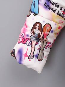 SHEIN Tween Girl 1 件装人物与口号图案拉链夹棉外套 - 彩色 - 查看 7