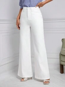 SHEIN Frenchy 高腰闊腿牛仔褲 - 白色 - 查看 1