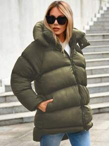 EURMUSE Zip Up Hooded Puffer Coat - Dark Green - View 4