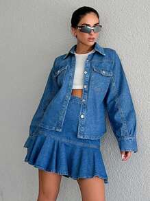 EURMUSE Flap Pocket Denim Jacket & Ruffle Hem Skirt - Medium Wash - View 3