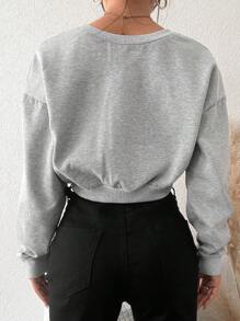 EURMUSE V Neck Drop Shoulder Crop Sweatshirt