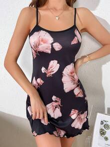 印花木耳邊吊帶睡裙 - 黑色 - 查看 5