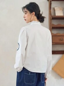 FRIFUL 花卉刺繡褶邊泡泡袖襯衫 - 白色 - 查看 2