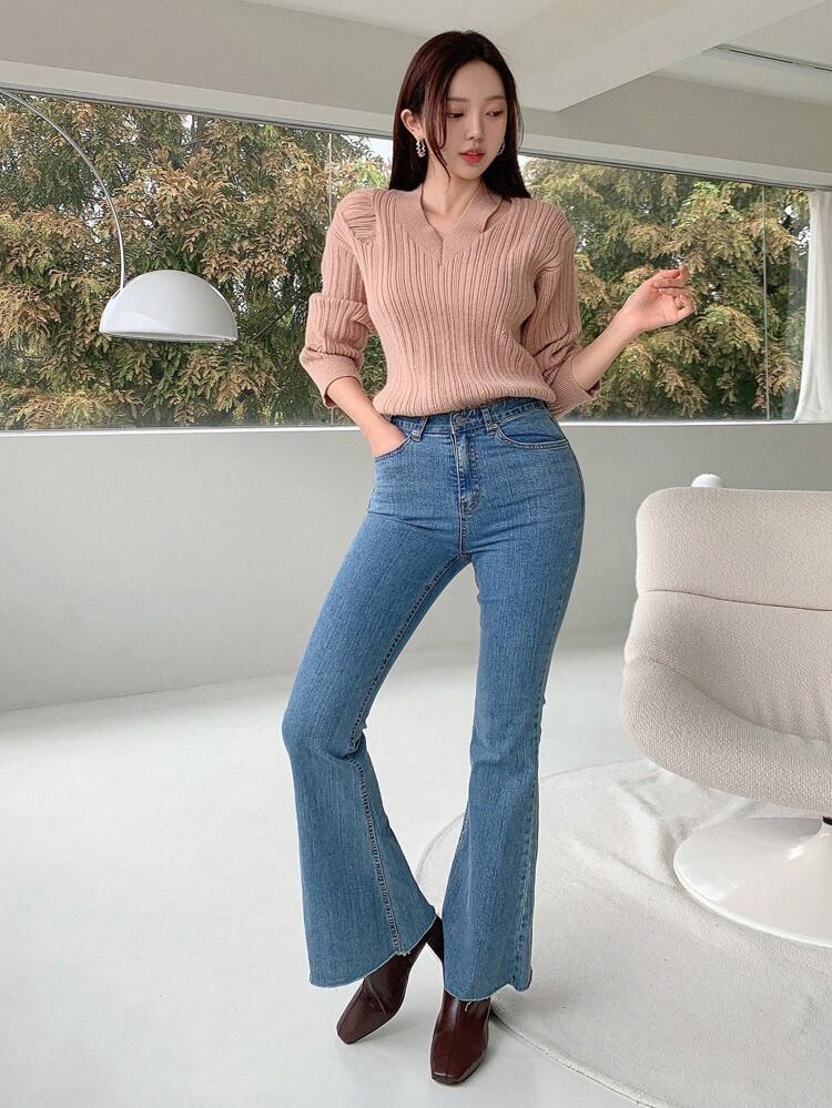 Solid Ribbed Knit Sweater Fall