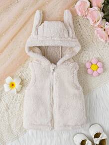 女嬰 3D 耳朵設計連帽拉鍊泰迪背心夾克 - 杏色 - 查看 1