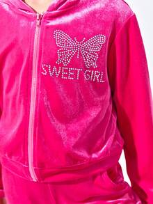 SHEIN 女大童水鑽字母圖案連帽絲絨夾克和喇叭褲和吊帶上衣 - 玫紅色 - 查看 6