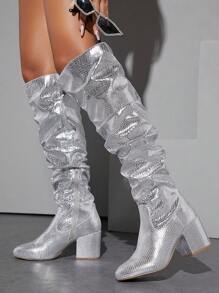 SHUZIA Women's Dressy Glittery Slouchy Mid Calf Rhinestone Block Heel Booties Summer Shoes Spring Shoes Spring Break Easter Mother's Day Present For Christmas - Silver - View 5