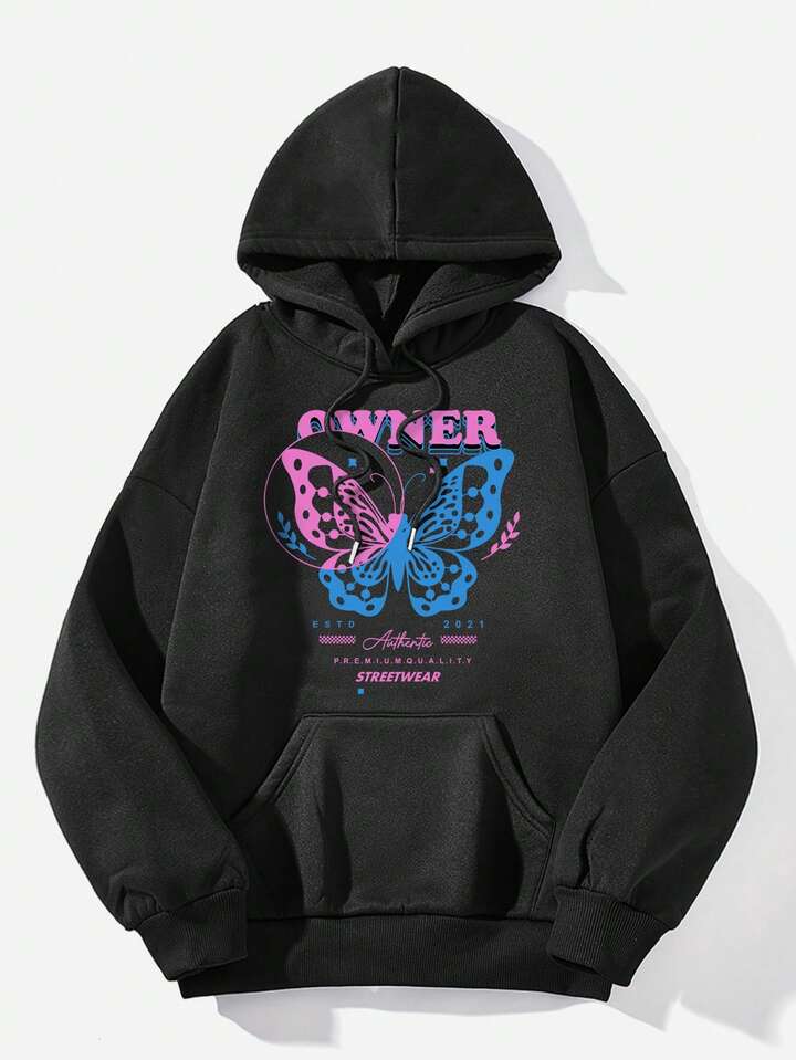 SHEIN EZwear Slogan u0026 Butterfly Print Kangaroo Pocket Drawstring Thermal  Hoodie | SHEIN EUR
