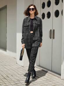 BizChic Plaid Print Slant Pocket Pants - Dark Grey - View 1