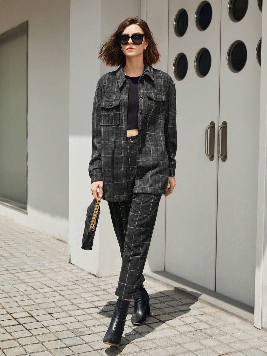 BizChic Plaid Print Slant Pocket Pants - Dark Grey - View 1