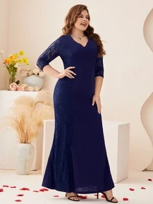 大碼蕾絲拼接長連衣裙 - 藏蓝色 - 查看 5