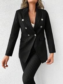 SHEIN Cottnline Double Breasted Blazer & Pants - Black - View 4