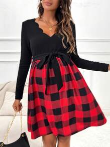 SHEIN 孕婦水牛格紋印花扇貝飾邊束帶洋裝