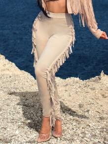 SHEIN SXY 流蘇飾邊打底褲 - 杏色 - 查看 1