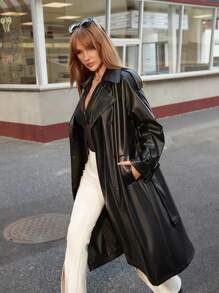 Apperloth A 休閒腰帶 雙排釦 口袋純色女士風衣外套 - 黑色 - 查看 3