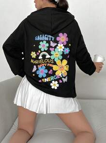RueChic Floral & Letter Graphic Drop Shoulder Hoodie - Black - View 2