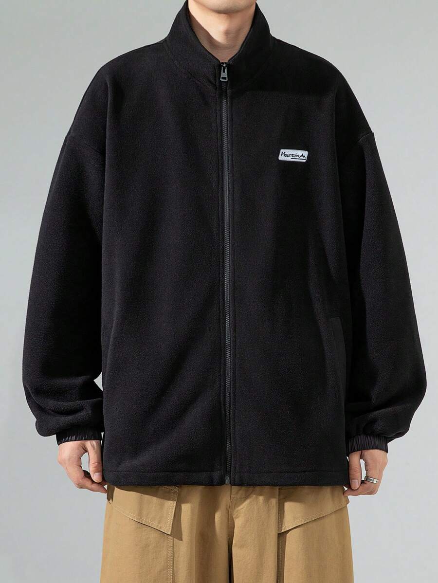 Men Letter Patched Zip Up Drop Shoulder Sweatshirt - Black - View 1