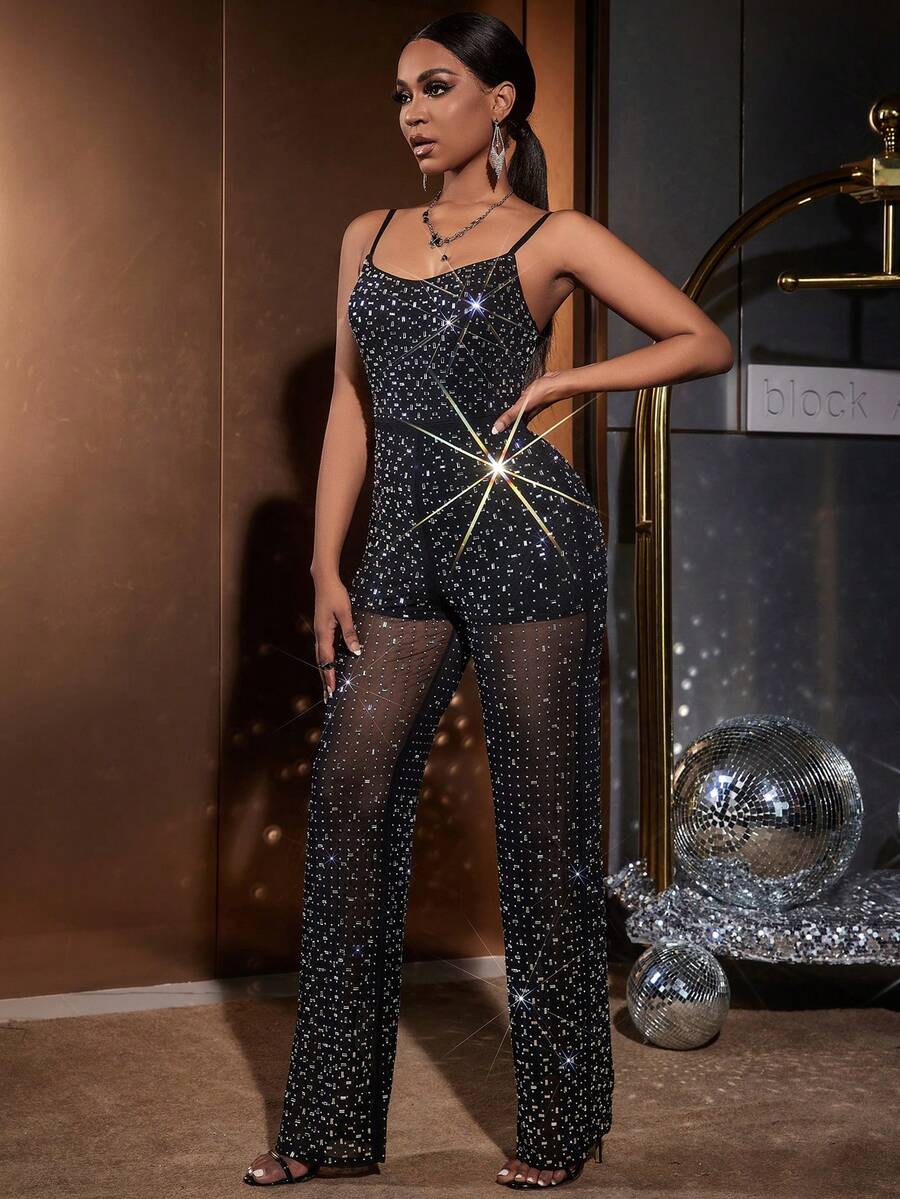 Solid Color Spaghetti Strap Rhinestone Mesh Sheer Sexy Jumpsuit, Suitable For Weddings, Birthday Parties, Galas And Other Occasions Party Black Fall