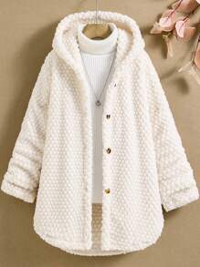 SHEIN Tween Girl 1pc Solid Button Front Hooded Teddy Coat - White - View 1