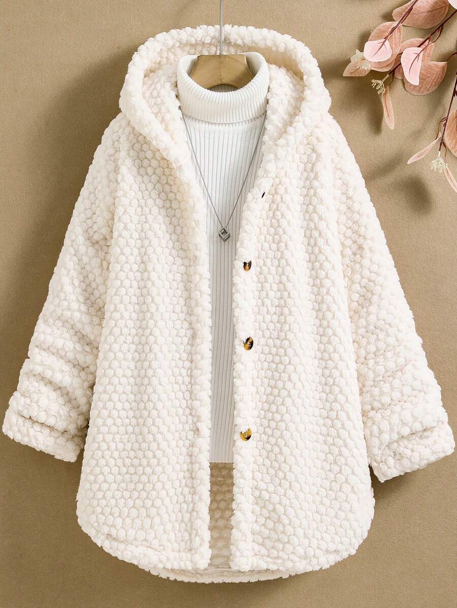SHEIN Tween Girl 1pc Solid Button Front Hooded Teddy Coat - White - View 1