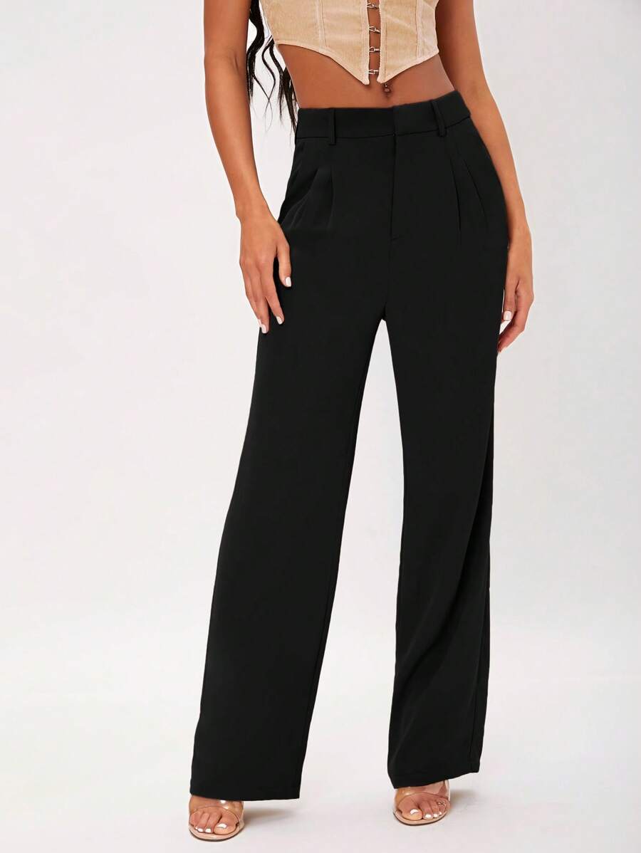 SHEIN Tall Chất rắn Xếp nếp quần ống rộng Quần tây - màu đen - Xem 1