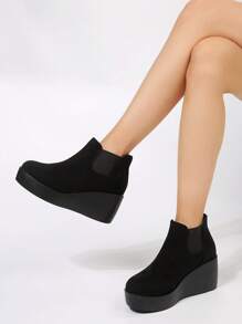 女士厚底短靴和踝靴，休闲时尚度假观光日常穿着，黑色防水坡跟短靴，秋冬 - 黑色 - 查看 2