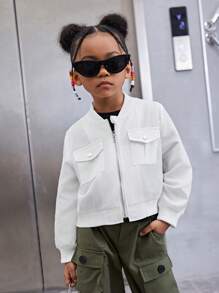 SHEIN Young Girl Flap Pocket Bomber Jacket - White - View 1