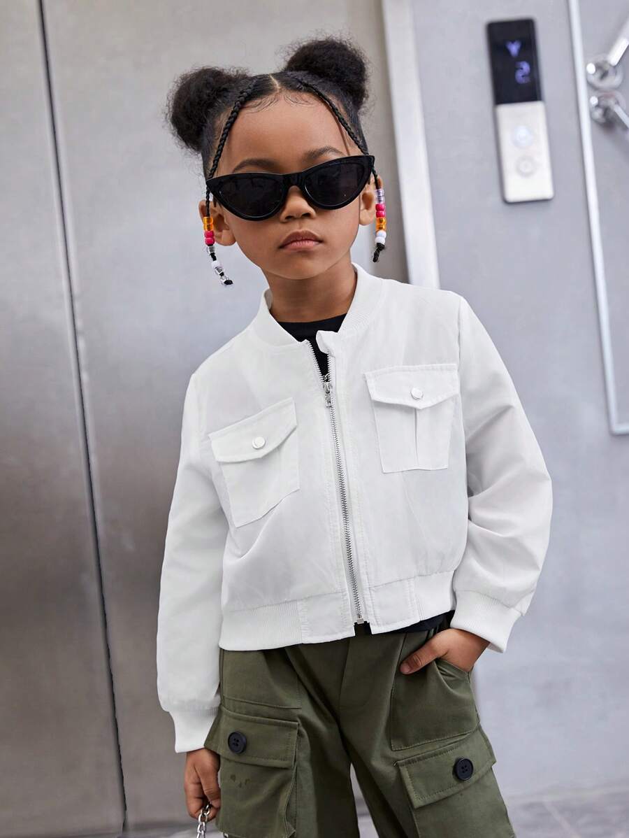 SHEIN Young Girl Flap Pocket Bomber Jacket - White - View 1